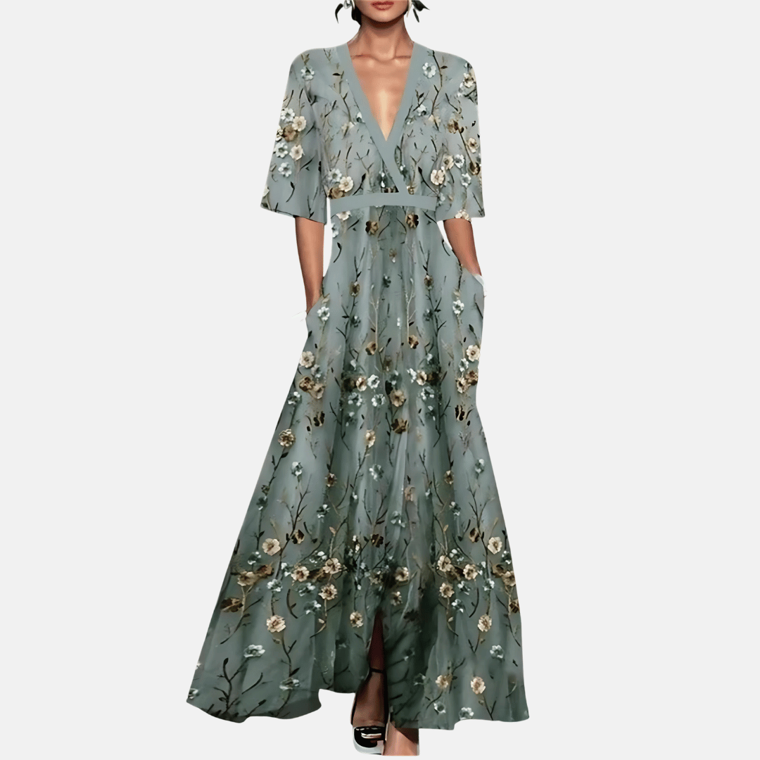 Elegant women's floral maxi dress, flowing A-line design perfect for summer parties & special occasions.