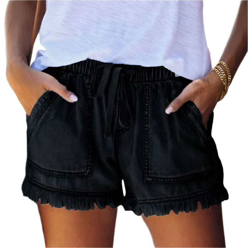 Women's high-waisted denim shorts with a stylish fringe hem. Perfect for summer casual wear.