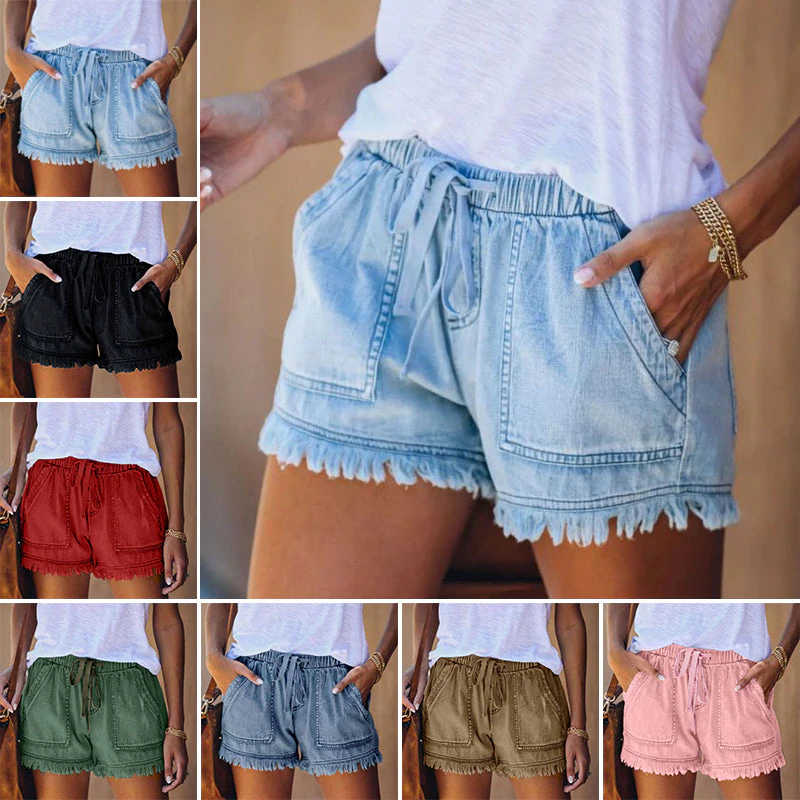 Relaxed fit high-waisted denim shorts for women, with a chic fringe hem. Ideal for casual summer outings.