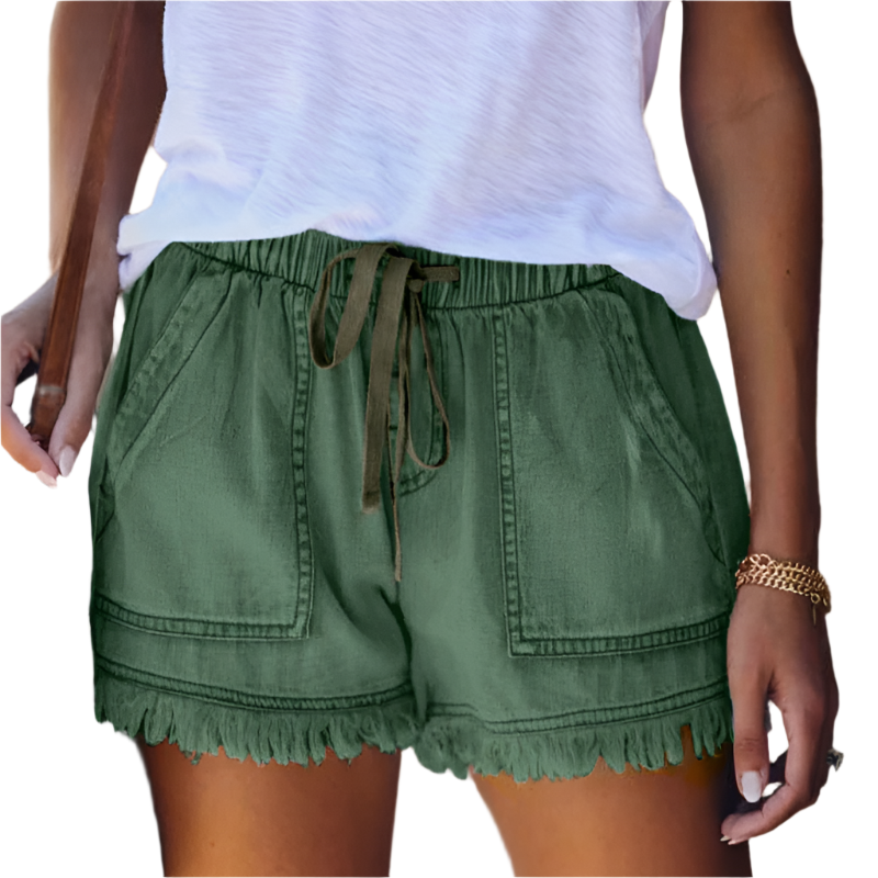 Boho-style high-waisted denim shorts for women, featuring a playful fringe hem, ideal for summer fashion.