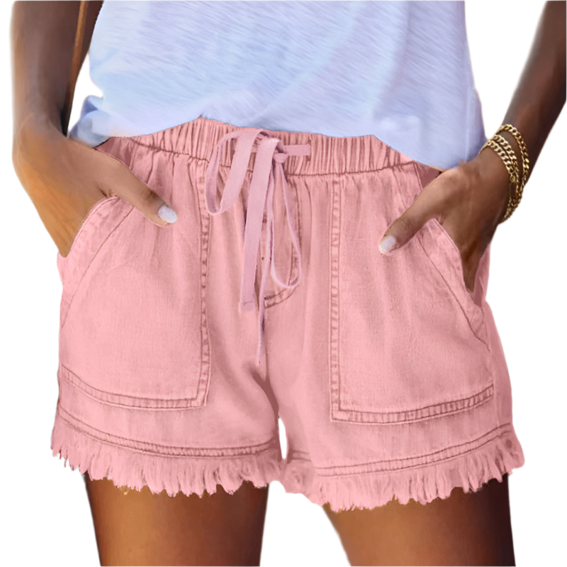 Everyday women's high-waisted denim shorts with a trendy fringe hem. Essential for versatile summer casual wear.