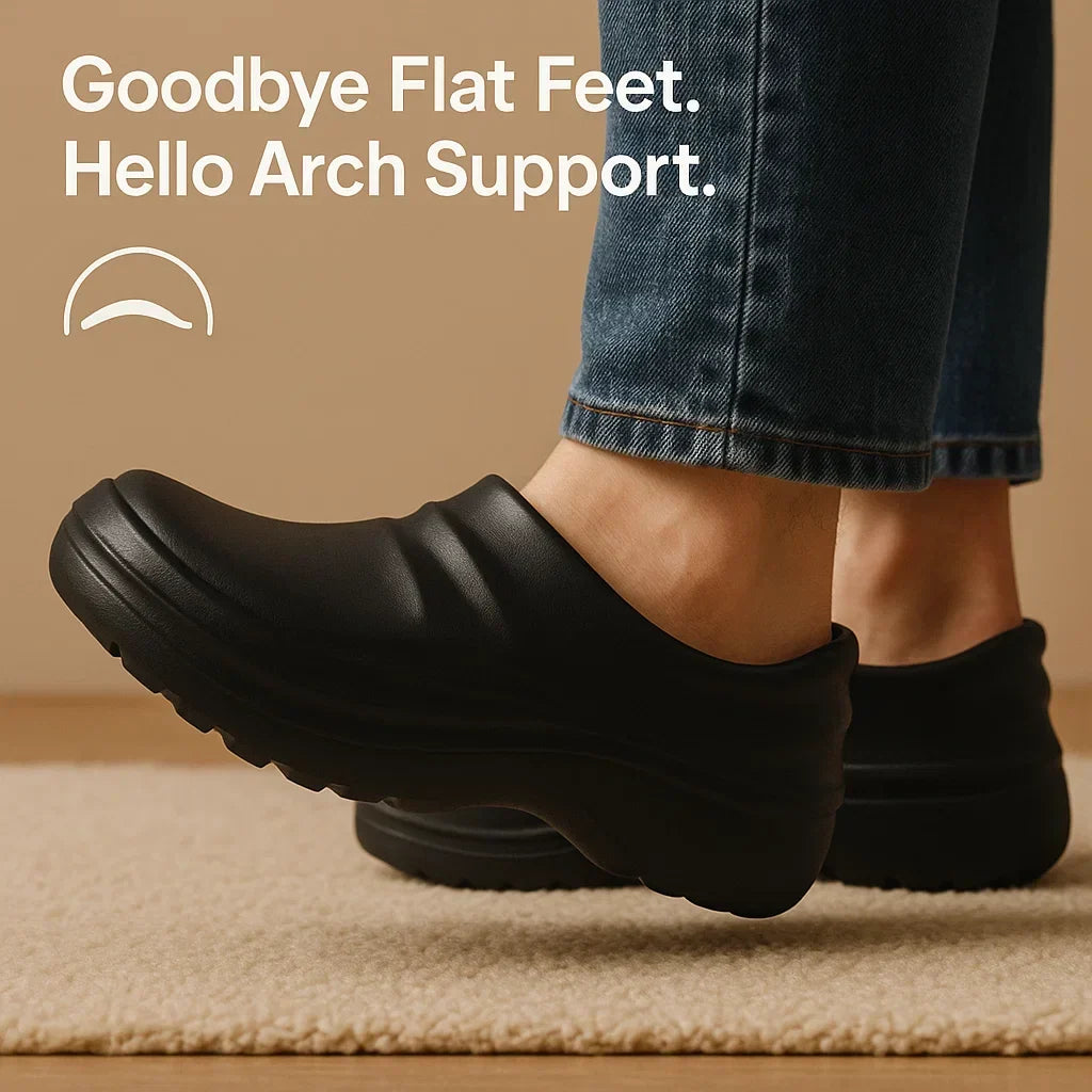 Side view of a grey lightweight unisex comfort clog, highlighting its non-slip sole and easy slip-on design.