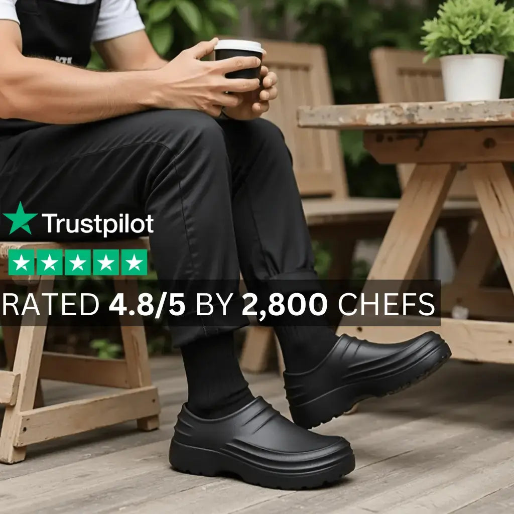 Two unisex lightweight slip-on clogs, one black and one white, emphasizing their comfort and non-slip properties.