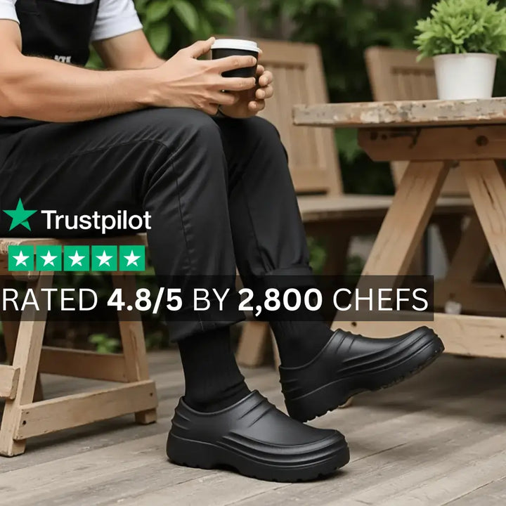 Two unisex lightweight slip-on clogs, one black and one white, emphasizing their comfort and non-slip properties.