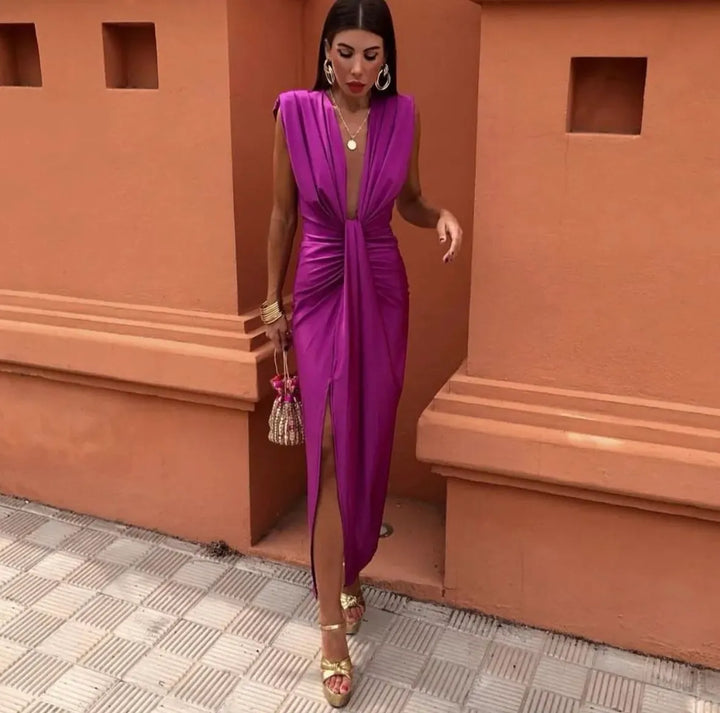 Elegant women's sleeveless wrap midi dress, a chic V-neck day dress offering a flattering and comfortable summer fit.