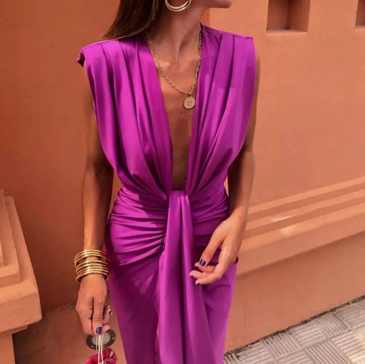 Versatile women's sleeveless wrap midi dress, an elegant casual summer dress with a stylish, flattering silhouette.