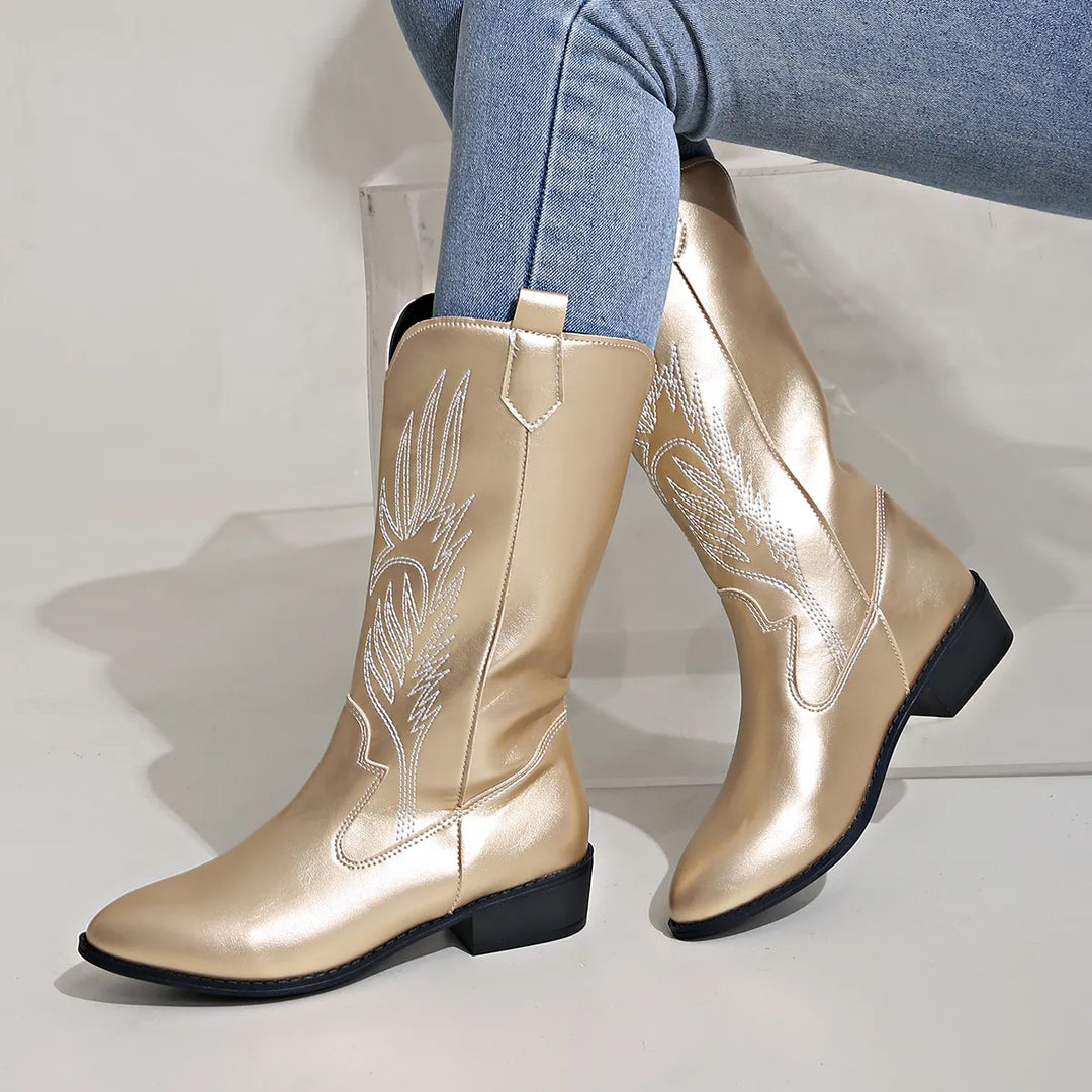 Chic women's western boots featuring intricate elegant stitching and a stylish pointed toe design.
