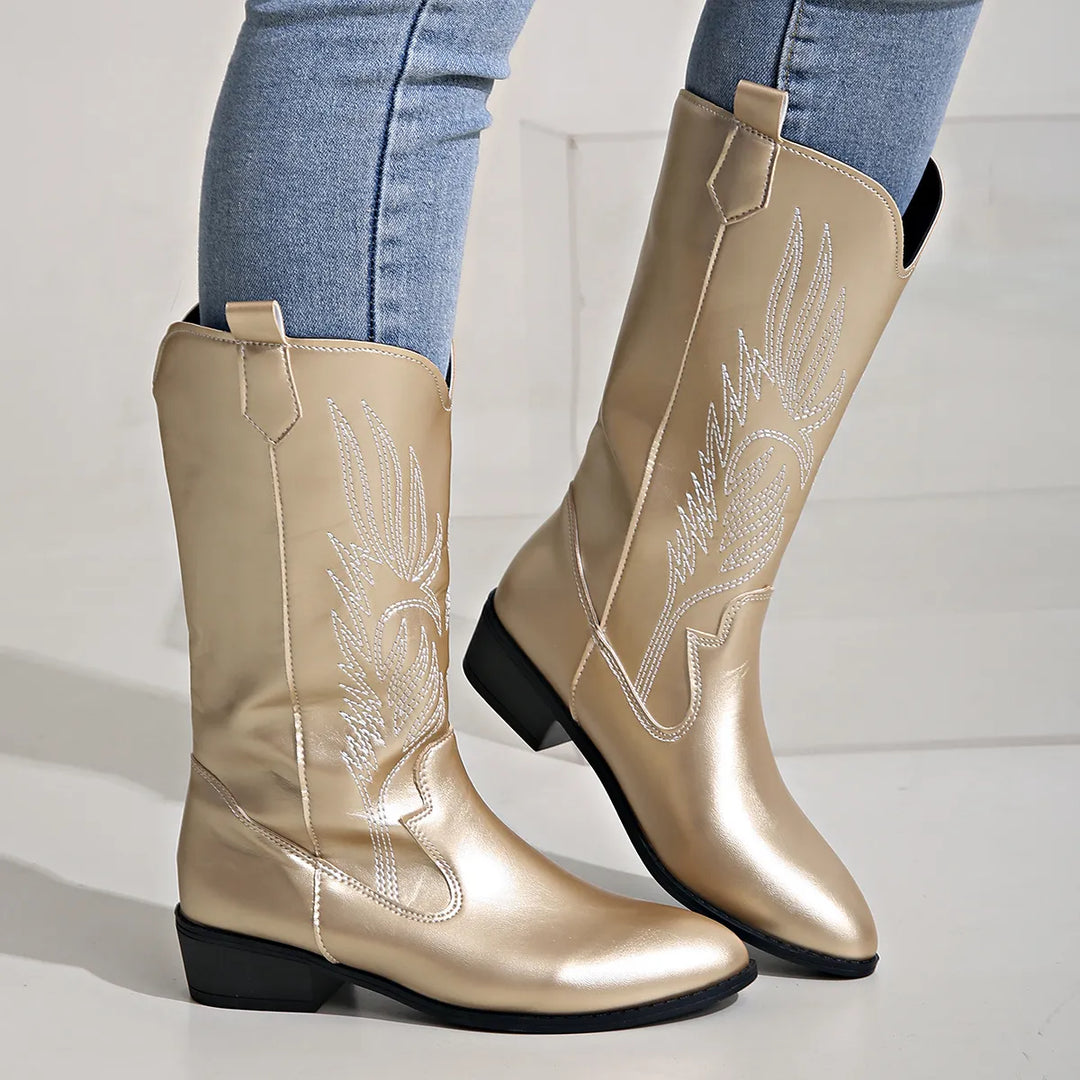 Authentic western boots for women, stylish cowboy design with elegant stitching & pointed toe.