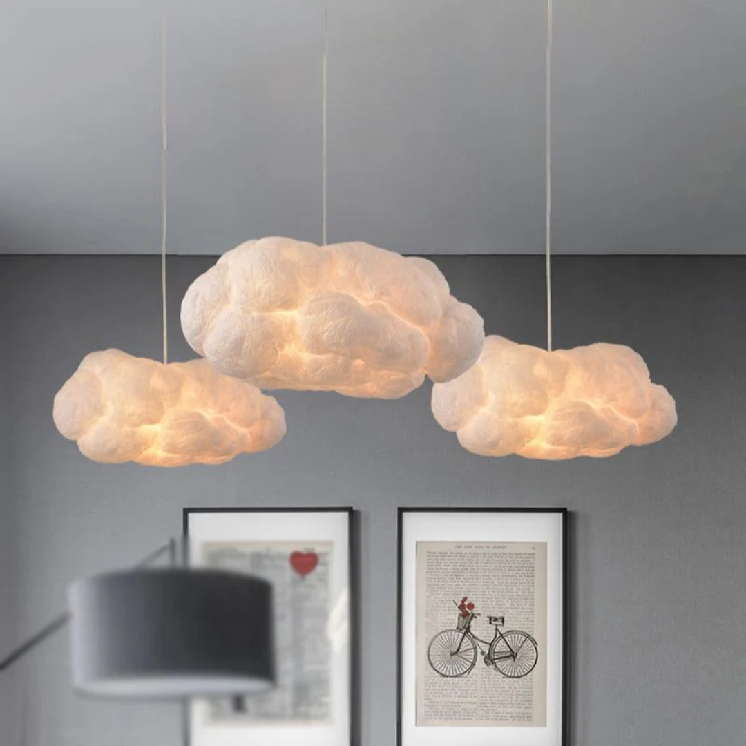 White cloud LED pendant light, modern design for ambient indoor lighting.