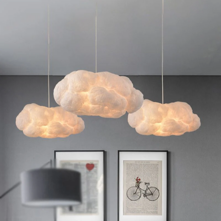 White cloud LED pendant light, modern design for ambient indoor lighting.