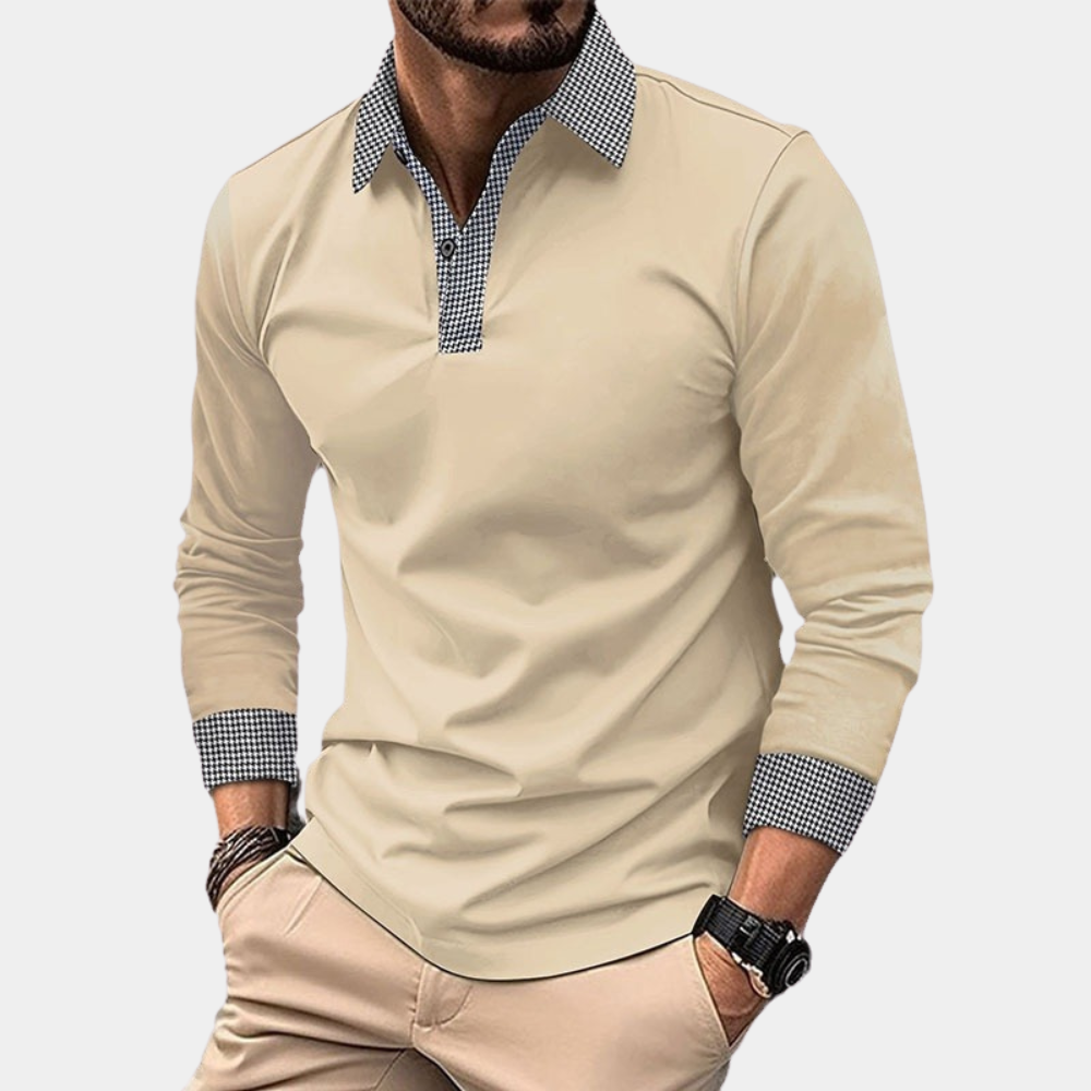 Men's slim fit long sleeve polo shirt with distinctive houndstooth trim on collar.