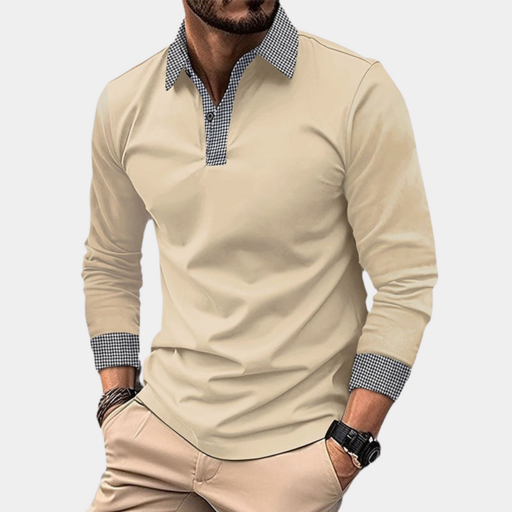 Men's slim fit long sleeve polo shirt with distinctive houndstooth trim on collar.