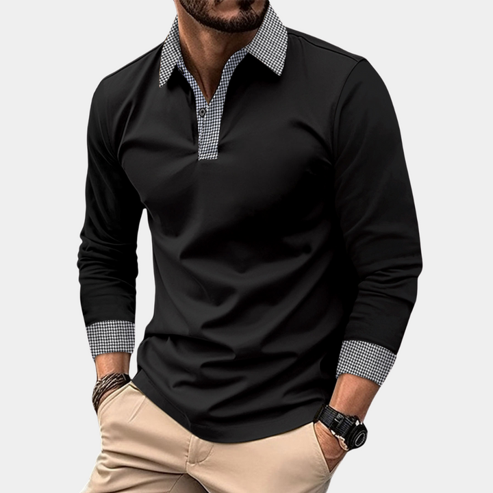 Smart casual men's long sleeve polo, slim fit, with houndstooth collar, perfect for office or everyday.