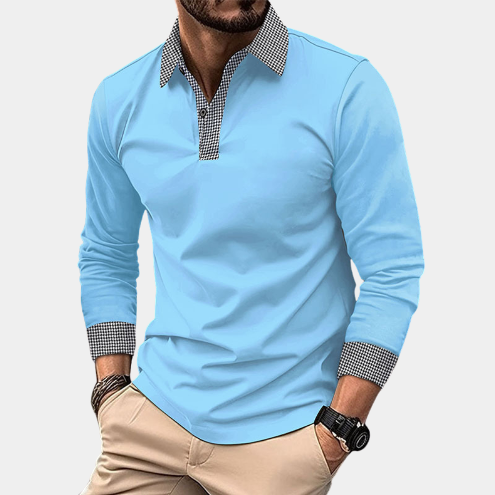 Versatile men's slim fit long sleeve polo shirt, ideal for smart casual or office wear.