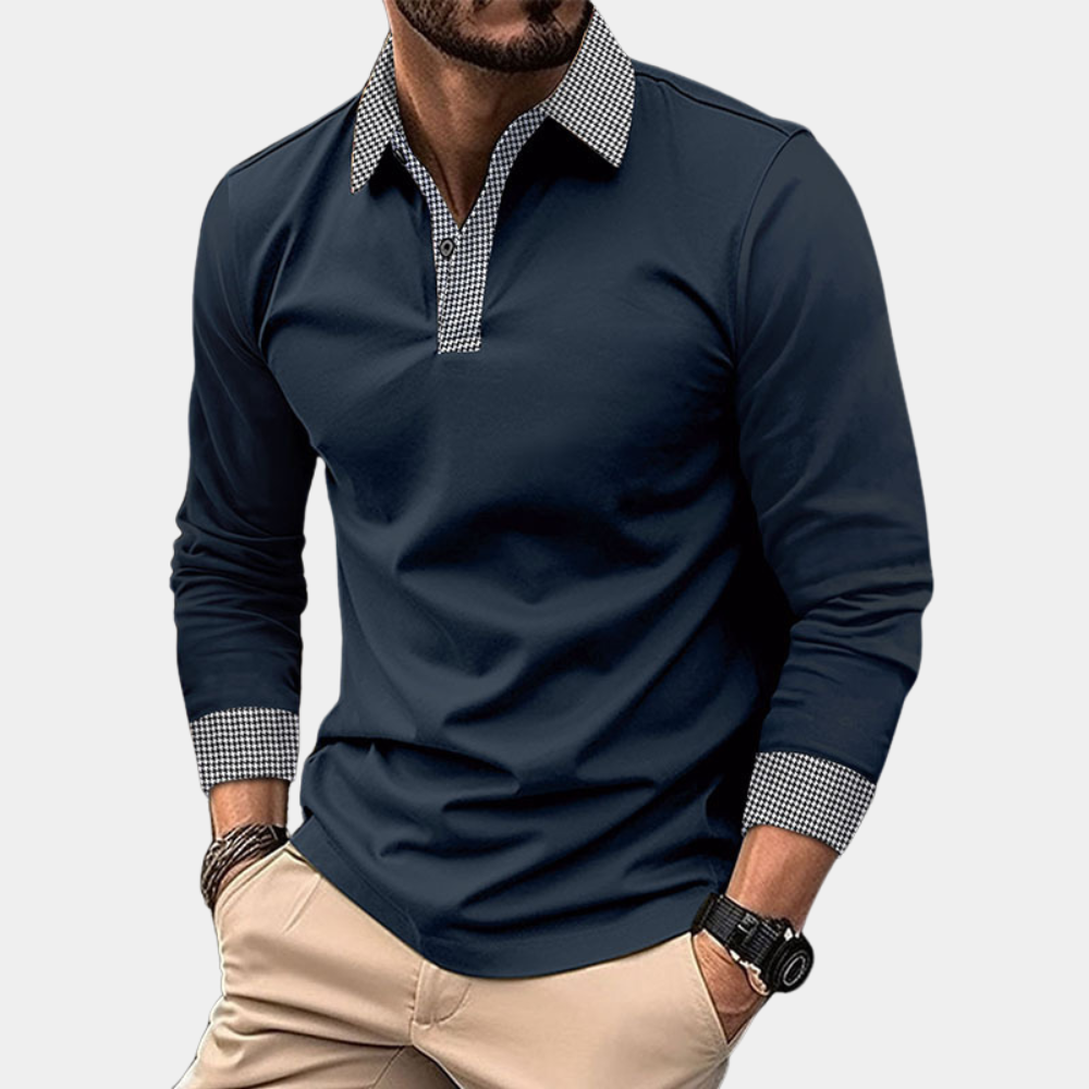 Everyday men's long sleeve polo, slim fit, houndstooth collar, a versatile top for various occasions.