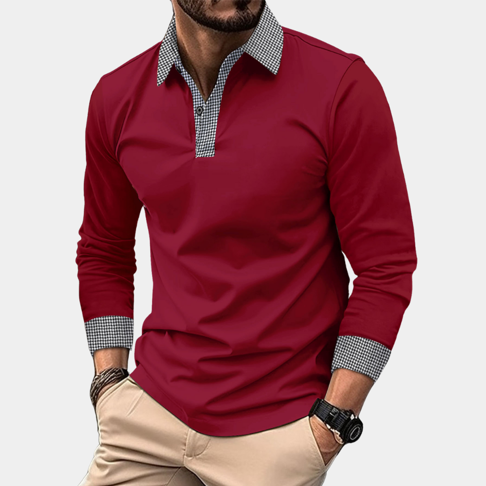 Men's long sleeve slim fit polo shirt with houndstooth trim. Perfect for smart casual outfits.