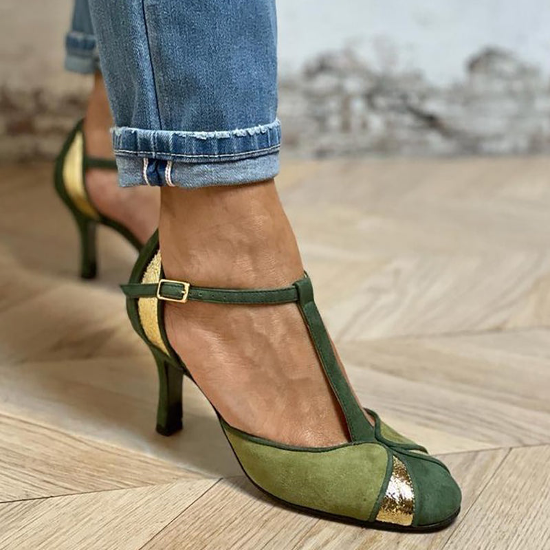 Patchwork T-Strap Closed Toe Heels