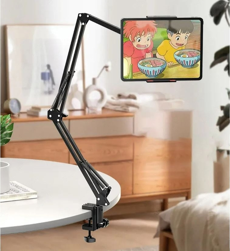 Heavy-duty universal tablet mount, 360° rotation, long adjustable arm for perfect positioning.