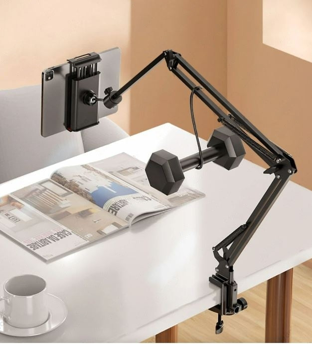 Sleek aluminum tablet stand, adjustable height, 360° rotation, ideal for hands-free work.