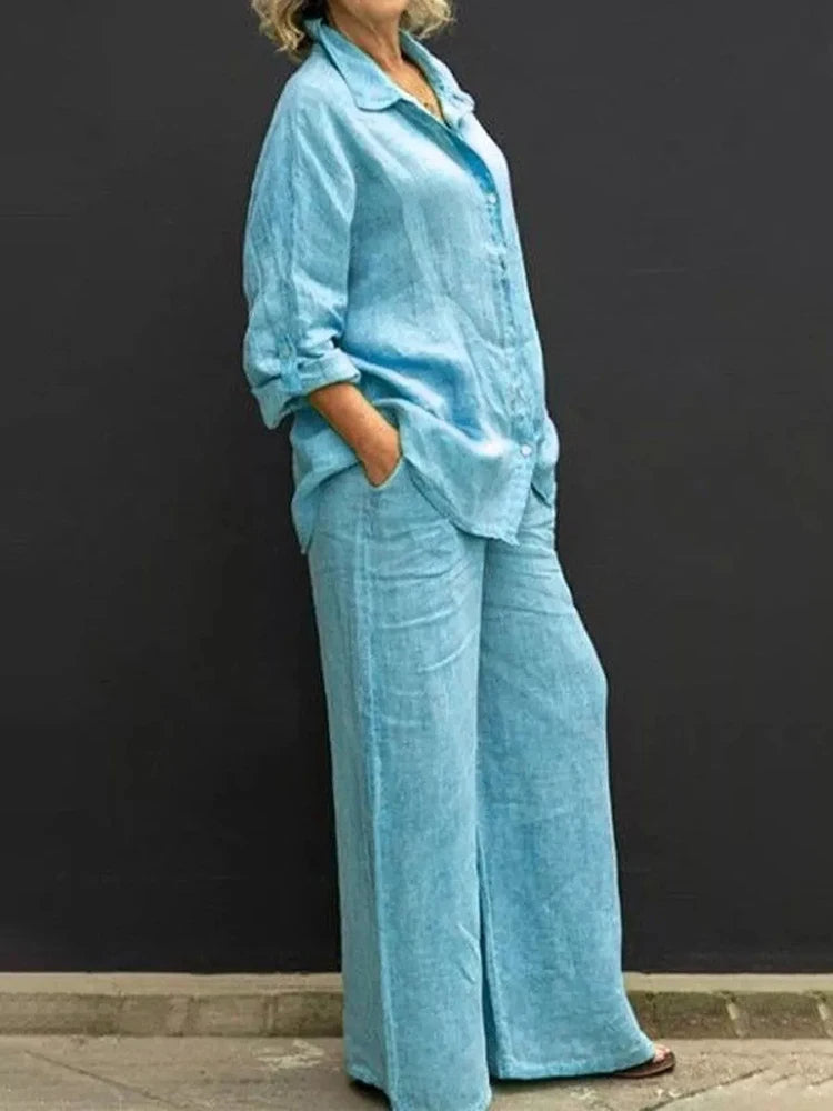 Women's Textured Shirt & Wide Leg Trouser Set