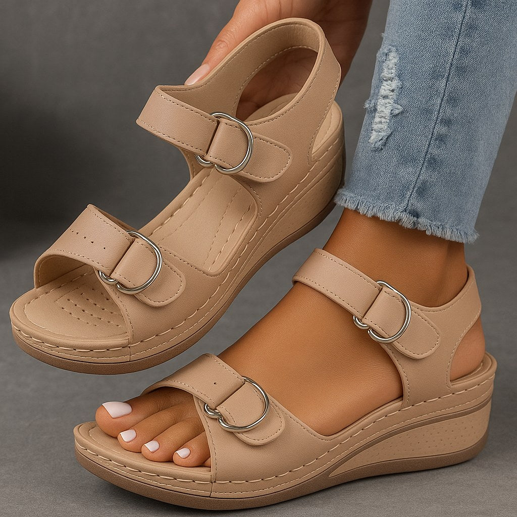 Versatile women's wedge sandals, suitable for dressy or casual wear, featuring orthopedic arch support & comfort.