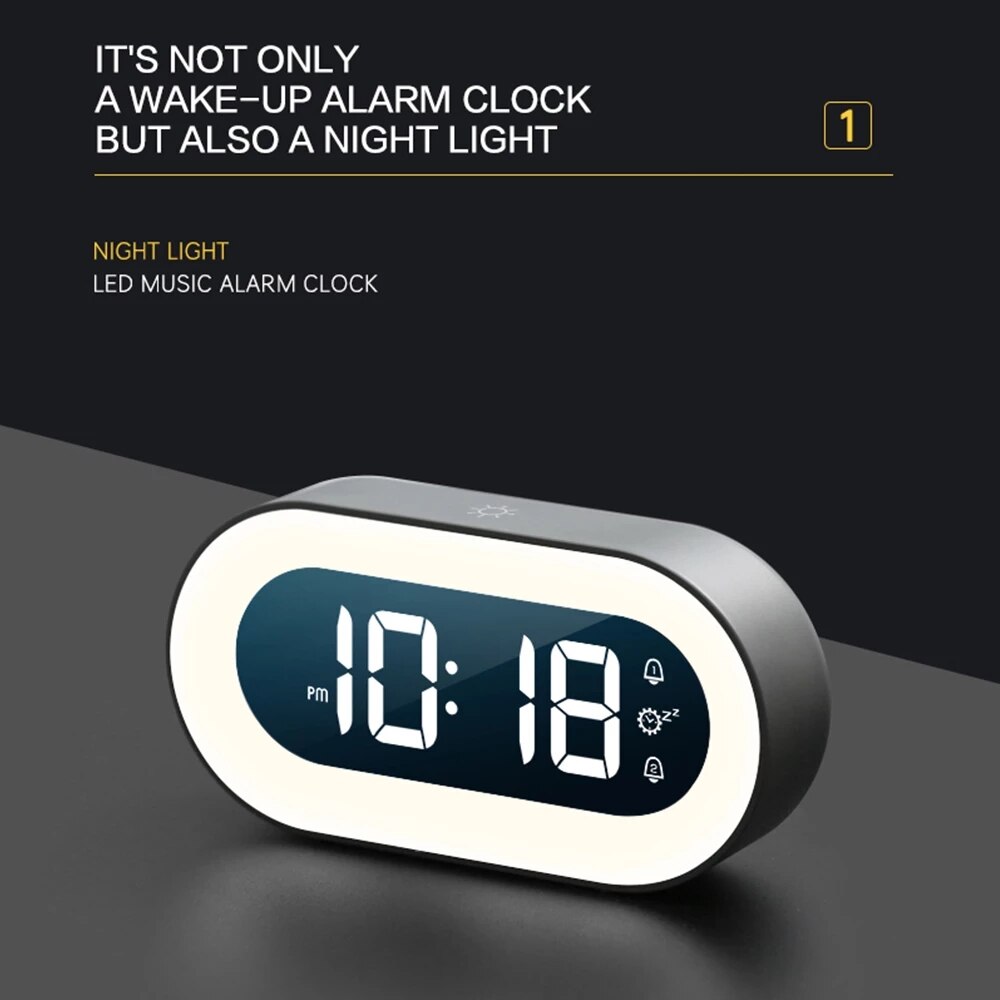 Modern bedside table clock with easy-to-read LED screen and night light