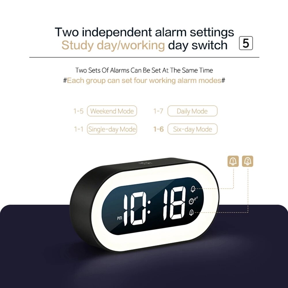 Smart alarm clock for bedroom, showcasing a vibrant LED display and ambient night light