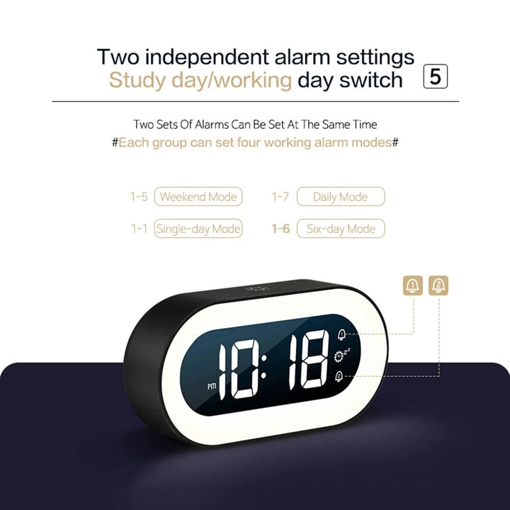 Smart alarm clock for bedroom, showcasing a vibrant LED display and ambient night light