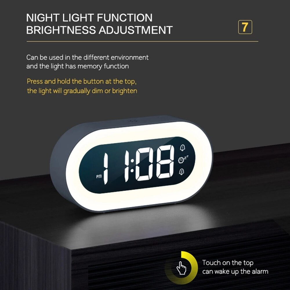 Versatile digital clock with night light, ideal for bedside tables and travel
