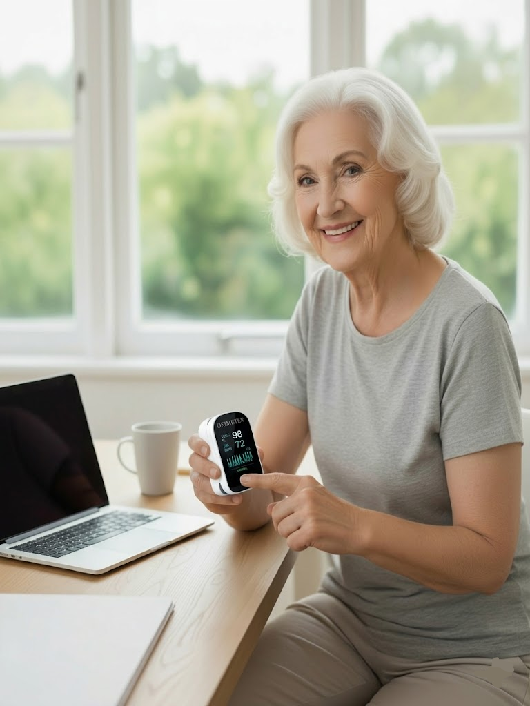 Compact pulse oximeter fingertip monitor, ideal for home health and travel wellness