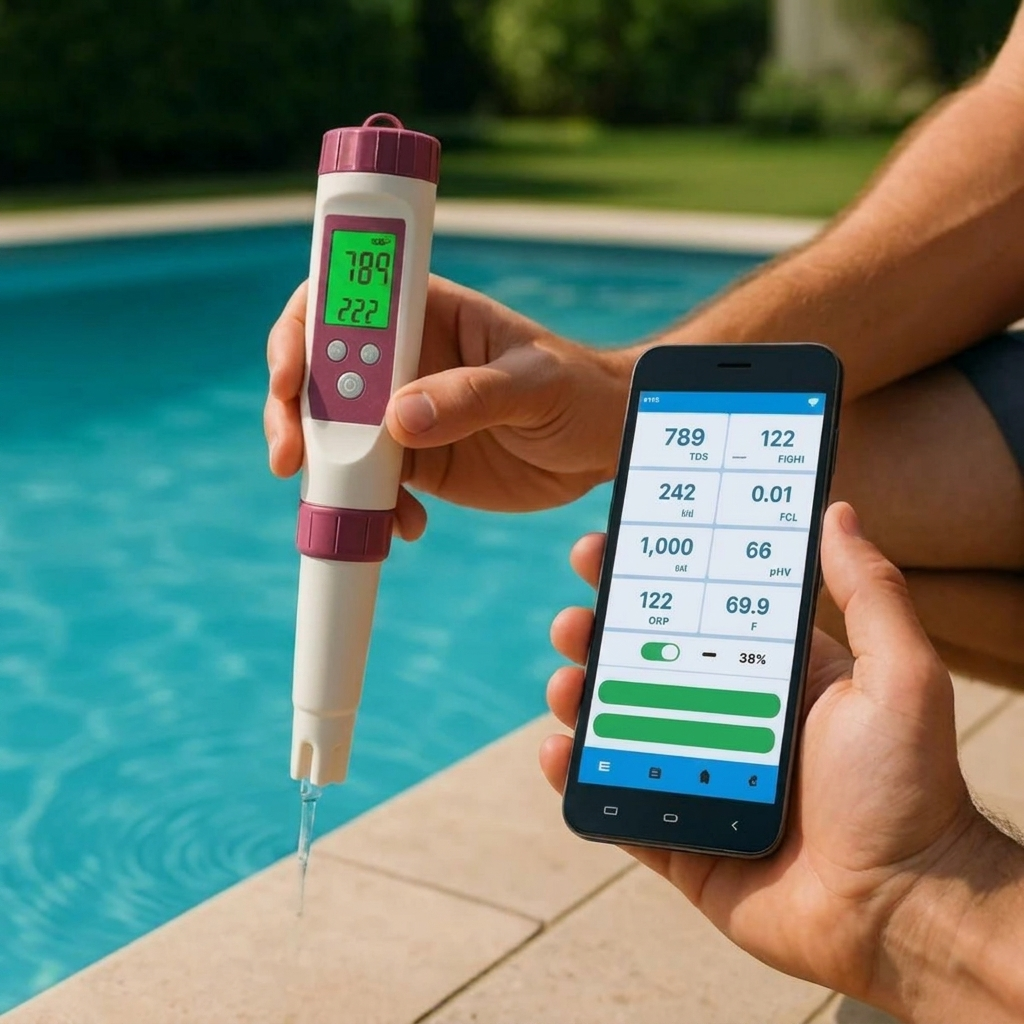 Digital pool & spa water tester with smart app for easy pH, chlorine, and water quality analysis via Bluetooth.