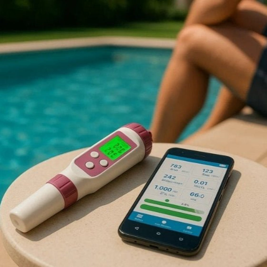 Smart digital water tester for pools & spas. Measures pH, salinity, ORP, and conductivity with app integration.