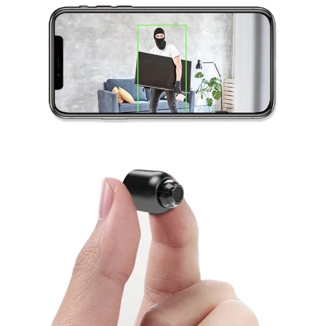 Mini spy camera with 1080p resolution and audio, ideal for home surveillance.