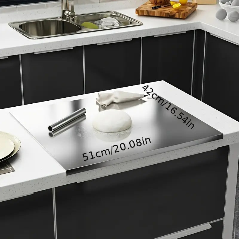 Hygienic stainless steel cutting board. Non-slip design for safe kitchen food preparation & cooking.