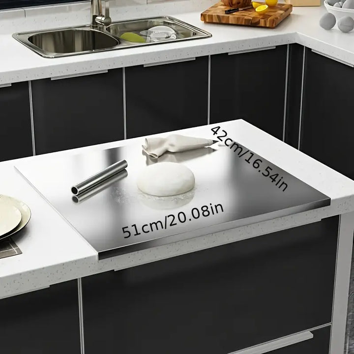 Hygienic stainless steel cutting board. Non-slip design for safe kitchen food preparation & cooking.
