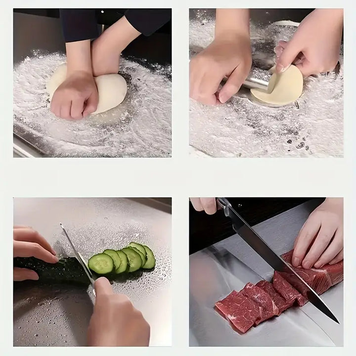 Versatile stainless steel cutting board for all kitchen food prep needs. Double-sided & hygienic.