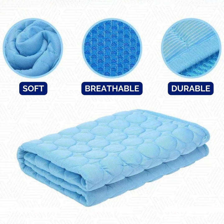 Self-cooling dog mat for instant heat relief. Gel-infused, pressure-activated pad offers summer comfort for your pet.