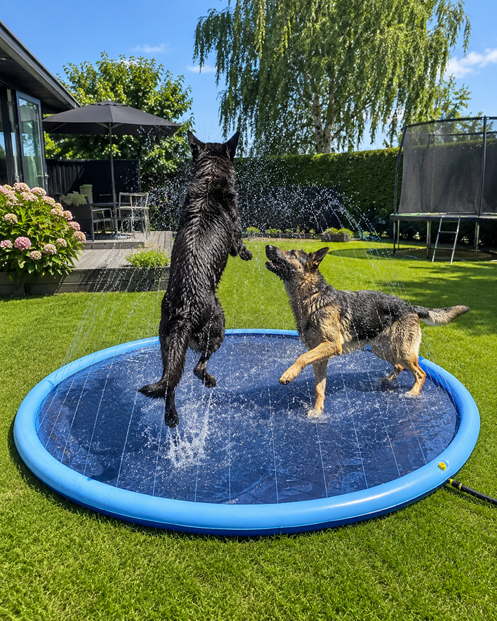 Durable outdoor dog splash pad with sprinklers. Perfect for pet cooling & summer water play.