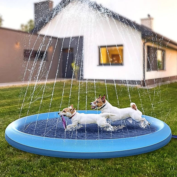 Pet cooling dog pool & splash pad with sprinklers. Great for outdoor summer water fun.