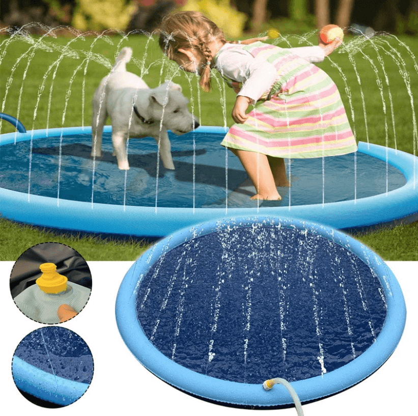 Happy dog enjoying an outdoor splash pad. Perfect for summer water play & cooling.