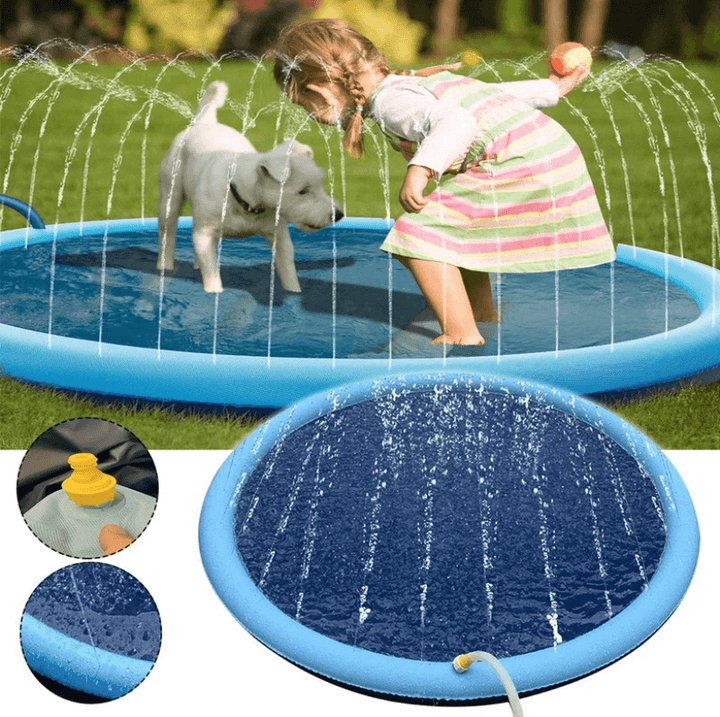 Happy dog enjoying an outdoor splash pad. Perfect for summer water play & cooling.