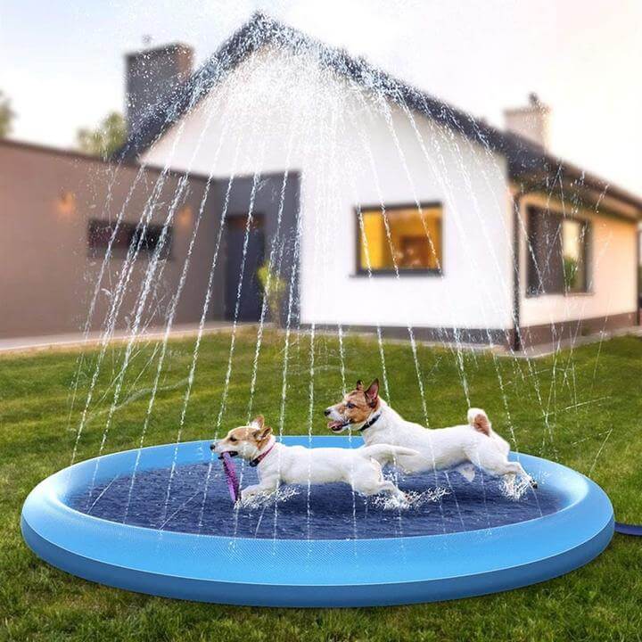 Interactive dog sprinkler toy for active summer water play & refreshing pet cooling.