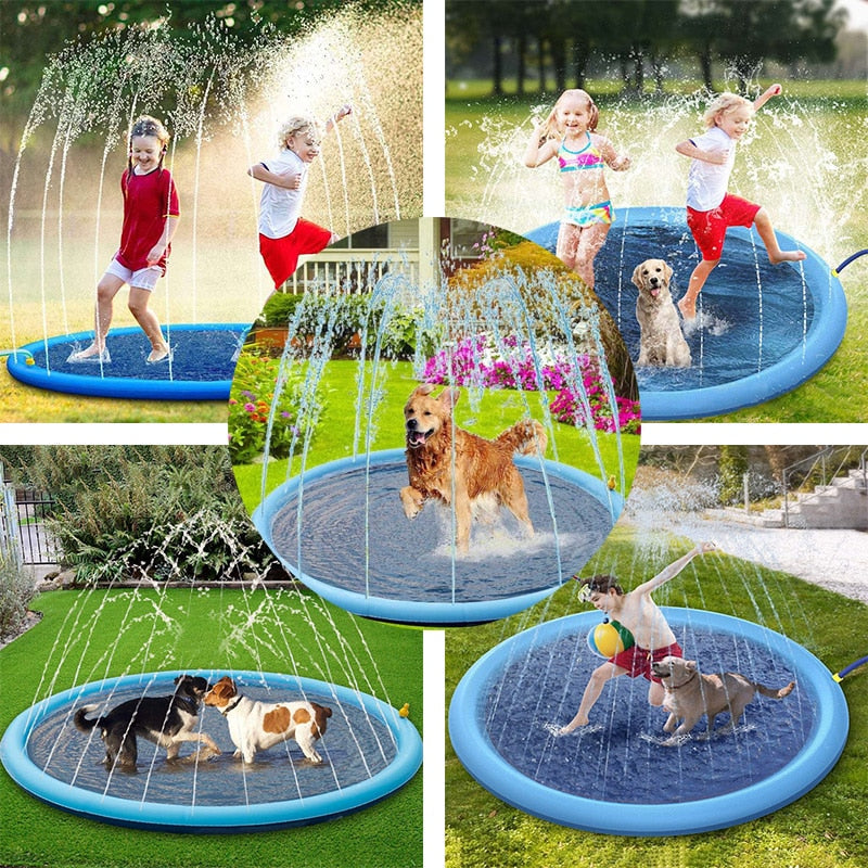 Dog playing on a large outdoor sprinkler pad, enjoying summer water activities.