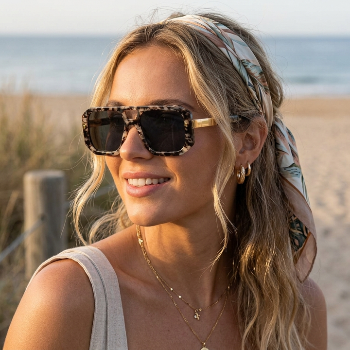 Geometric double bridge sunglasses, a stylish unisex accessory enhancing any modern fashion outfit.