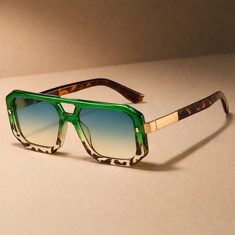 Front view of contemporary geometric double bridge sunglasses, chic unisex fashion eyewear.