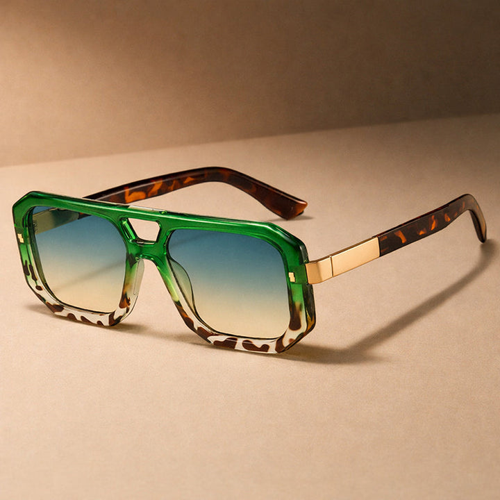 Front view of contemporary geometric double bridge sunglasses, chic unisex fashion eyewear.