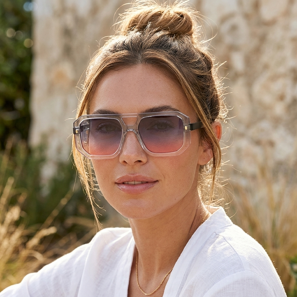 Modern geometric double bridge sunglasses, a versatile unisex accessory to elevate any look.