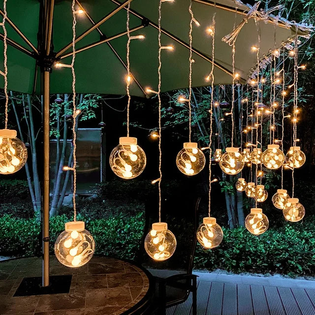 Close-up of waterproof LED string lights, showcasing durability for outdoor use in any weather. Garden & patio lighting.