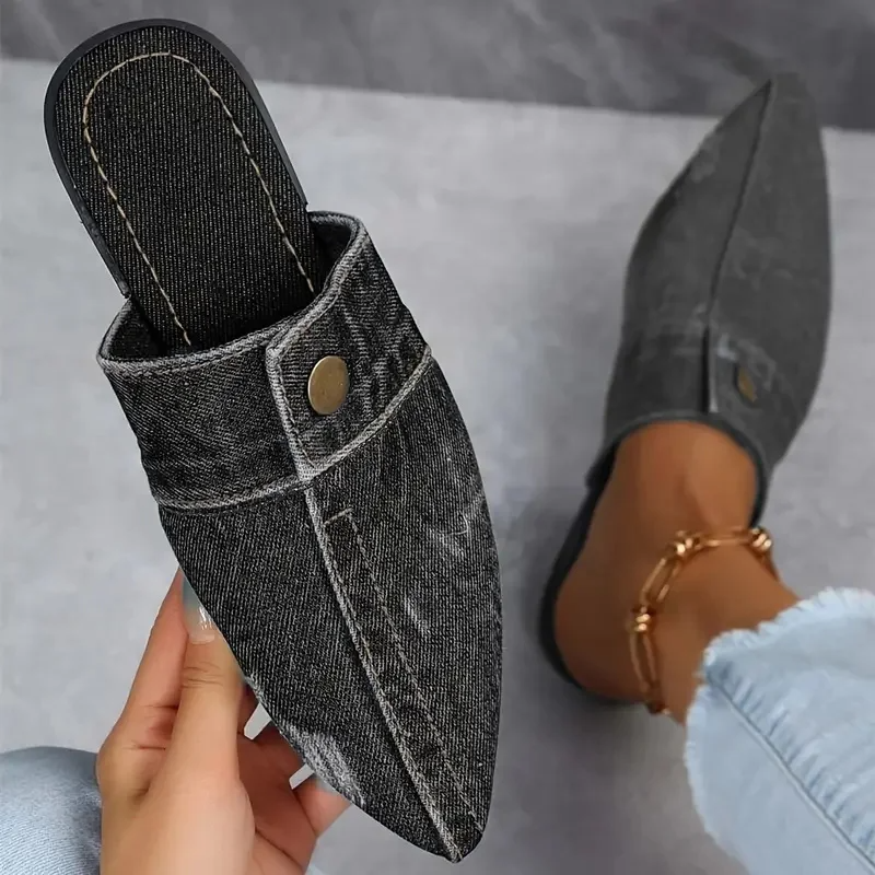 Women's Denim Pointed Toe Mule Slides
