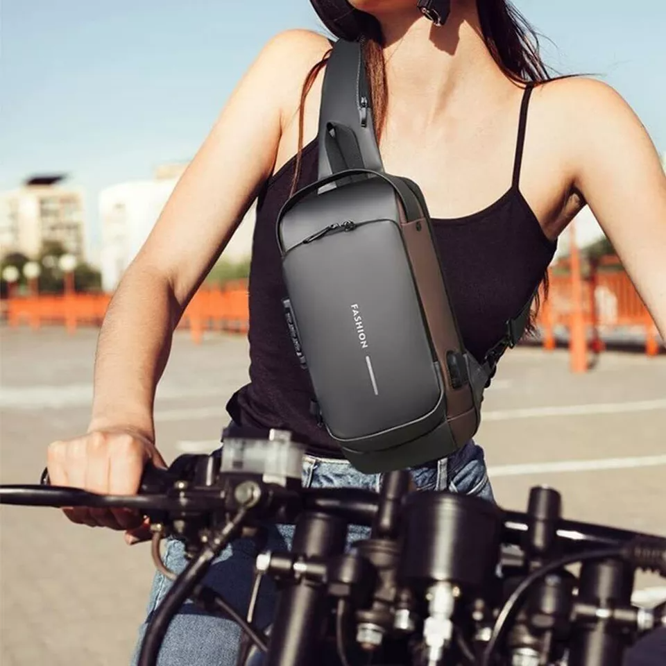RFID blocking chest bag, unisex. Secure travel sling pack protects data and valuables.